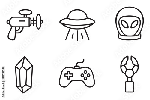 Set of minimalist outline icons for science fiction and video games, including an alien, flying saucer, laser gun, controller, crystal, and robotic claw