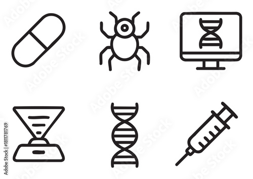 Collection of black and white line art icons representing concepts in science, medicine, and futuristic technology, including DNA, a hologram, a syringe, and a computer bug
