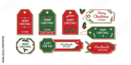 “Christmas gift tags and labels set, vintage kraft paper style,vector isolated elements for packaging design, high-detail clean vector”