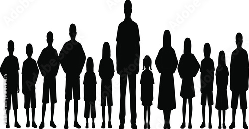 Silhouette of a Tall Adult Mentor or Teacher Standing Among a Group of Diverse Children, Symbolizing Education, Leadership, Youth Development, Mentorship, School Class, and Community Support.