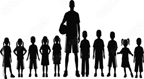 Silhouette of a Male Coach Holding a Basketball, Standing with a Diverse Group of Young Children, Symbolizing Youth Sports, Physical Education, Team Building, Training, and Coaching Kids.