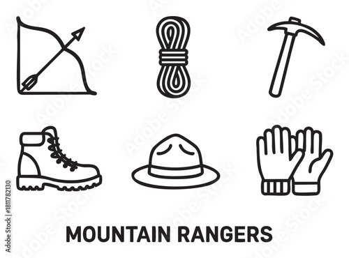 Set of black outline icons for mountain ranger or outdoor adventure themes, with a bow, rope, pickaxe, hiking boot, hat, and gloves