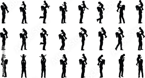 Collection of Silhouettes Showing Parents Holding, Lifting, and Playing with Their Happy Babies and Young Children, Symbolizing Love, Parenthood, Family Bonding, Joy, and Infant Care.