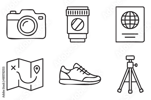 Set of minimalist black and white line art icons representing travel and photography essentials like a camera, passport, map, and tripod