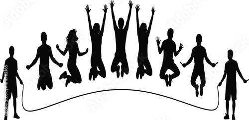 Silhouettes of a Group of Happy Young People Energetically Jumping Rope Together, Symbolizing Teamwork, Fitness, Childhood Fun, Physical Activity, Healthy Lifestyle, and Group Exercise.
