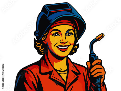 cheerful female welder wearing a protective helmet and apron while holding a welding torch, symbolizing skilled labor and industry. Generative ai vector colorful pop art illustration.