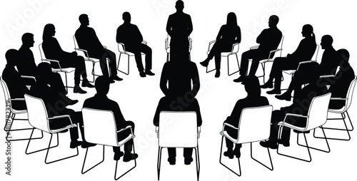 Silhouettes of a Large Group of People Sitting in a Circle for a Meeting, Group Therapy Session, Discussion, or Counseling, Symbolizing Collaboration, Support, Training, and Community Dialogue.