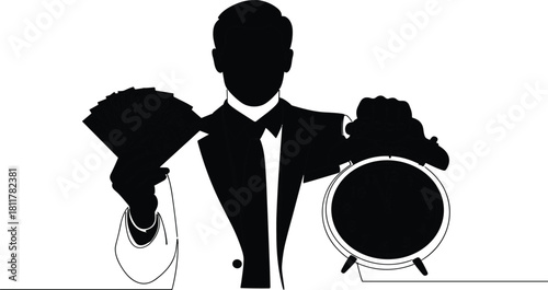 Silhouette of a Businessman Holding a Fan of Cash and a Vintage Alarm Clock, Symbolizing Financial Wealth, Time Management, Investment, Banking, and the Value of Time is Money.
