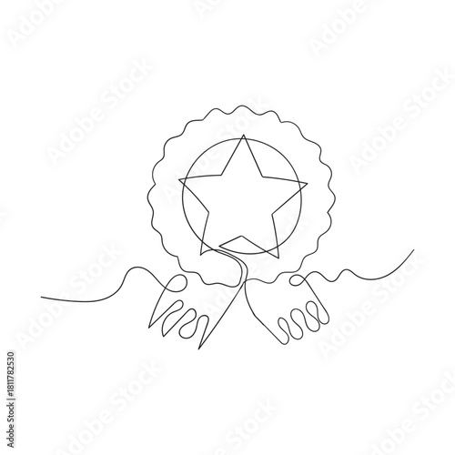 Award badge with checkmark continuous one line drawing. Approval check ribbon contour wave line sign. Vector illustration isolated on white background