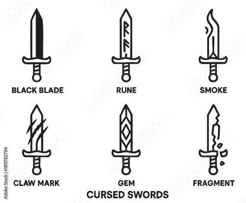 Collection of six stylized black and white line art sword icons, each featuring a unique fantasy characteristic like runes, smoke, or fragments, symbolizing cursed weapons