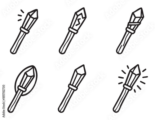 Collection of six hand-drawn doodle style fantasy game icons, featuring magical wands or staffs with unique crystal tops showing glowing, cracked, and wrapped effects