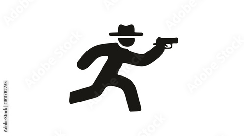 Mysterious running figure silhouette icon holding a handgun, wearing a fedora hat. Crime, secret agent, or detective concept.