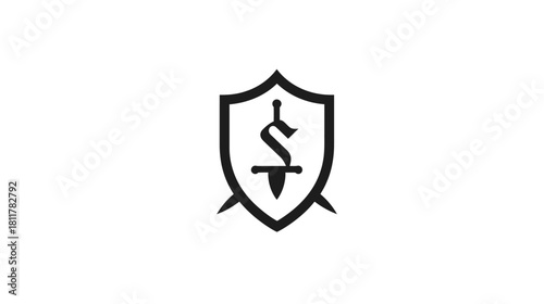 Modern Black Shield Icon with Sword and Stylized S Letter - Symbol of Protection, Security, and Defense