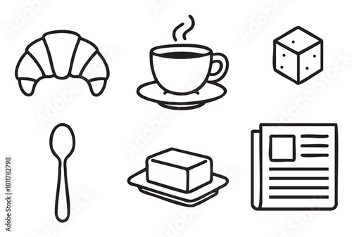Six simple black outline icons illustrating breakfast and morning essentials, featuring a croissant, steaming coffee, sugar cube, spoon, butter, and a newspaper
