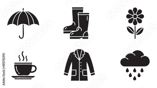 Collection of six black silhouette icons including an umbrella, rain boots, a flower, a steaming cup, a raincoat, and a cloud with raindrops, set against a clean white background