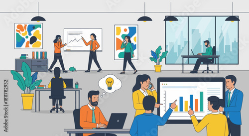 Modern office environment depicting team collaboration and remote