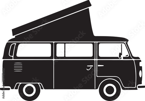 black silhouette of camper van on white background, vector.