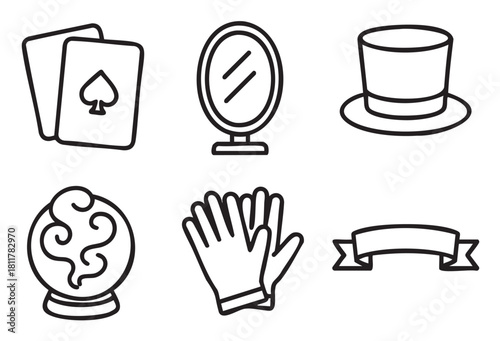 Minimalist black outline icons for magic and illusion, featuring playing cards, a top hat, a crystal ball, gloves, a mirror, and a decorative ribbon