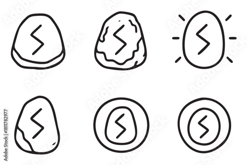 Collection of hand-drawn doodle icons depicting the ancient Sowilo rune on stones and amulets