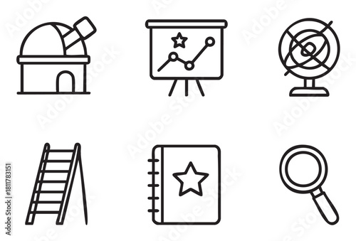 Six distinct black outline icons are displayed , featuring an observatory, a star-marked presentation chart, a target, a ladder, a star notebook, and a magnifying glass