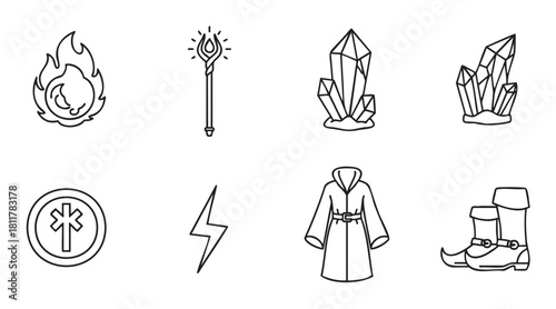 Eight minimalist black line art icons representing fantasy, magic elements: fire, glowing staff, crystals, healing symbol, lightning, wizard robe, pointed boots, white background