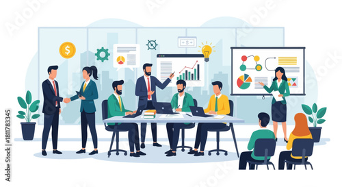 dynamic business team collaborating in modern office with data