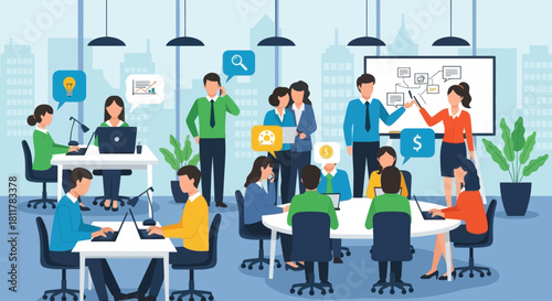 Modern corporate team collaboration and strategic planning in a