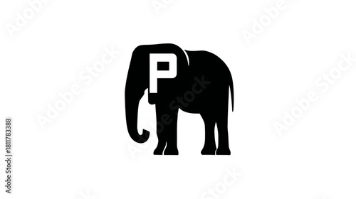 Minimalist black elephant silhouette with a white letter P, isolated vector graphic on a clean white background, simple design