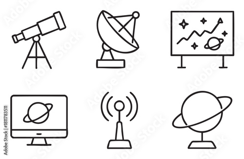 Set of six simple black outline icons depicting various aspects of astronomy, space exploration, and scientific communication, presented