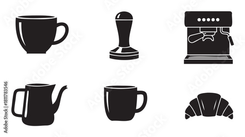 Collection of black silhouette icons featuring coffee-related items like mugs, an espresso machine, a tamper, a pitcher, and a croissant