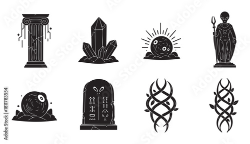 Eight black silhouette icons , depicting mystical and ancient fantasy elements including a broken column, crystals, glowing orbs, an alien figure, a symbolic tablet, and organic patterns