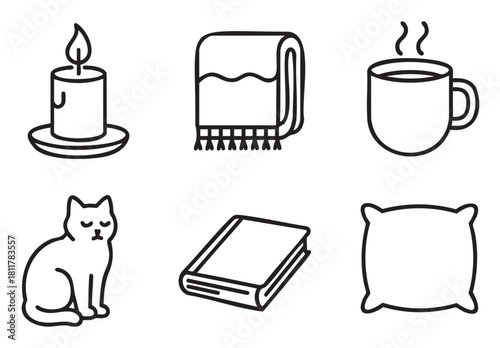 Minimalist black outline icons featuring a lit candle, a folded blanket, a steaming mug, a sleeping cat, a closed book, and a soft pillow, creating a cozy and comfortable home atmosphere