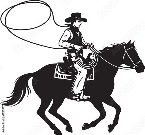 black silhouette of cowboy on white background, vector