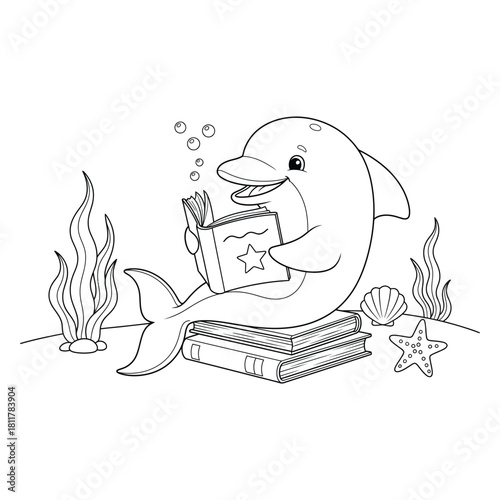 Cute dolphin reading books underwater in fun cartoon coloring style Vector illustration