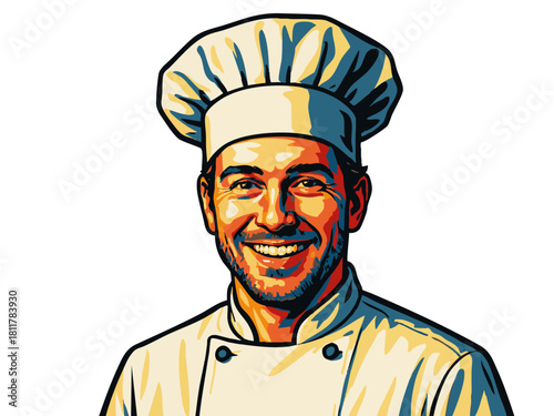 happy male chef wearing a traditional uniform and toque, symbolizing culinary skill, joy, and hospitality. Generative ai vector colorful pop art illustration.