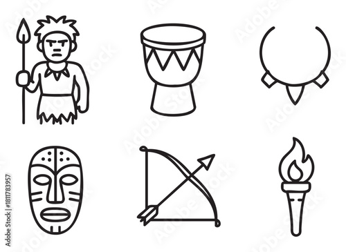 Diverse set of black outline icons showcasing elements of tribal and ancient culture, featuring a hunter, drum, mask, necklace, bow and arrow, and a flaming torch