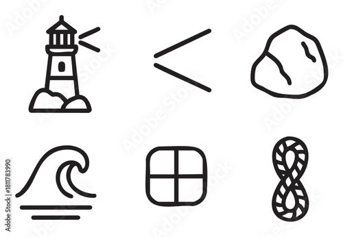 Set of six minimalist black outline icons , depicting a lighthouse, light rays, a rock, an ocean wave, a window, and a knotted rope, conveying themes of sea and exploration