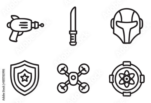 Collecti, featuring futuristic weapons, a space helmet, a shield, a drone, and an atom symbol, representing technology and fantasy concepts