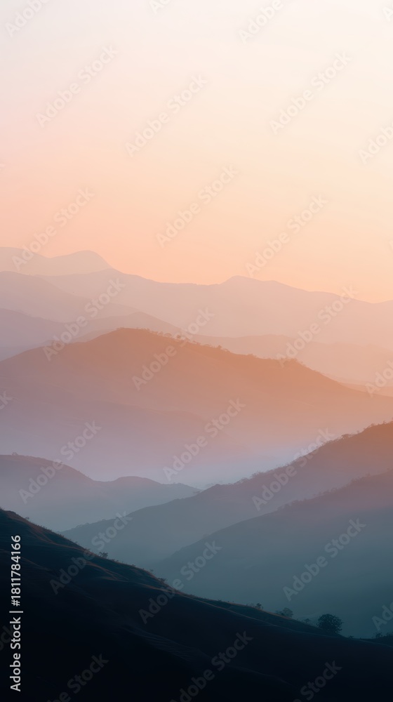 Fototapeta premium mountain landscape with sunrise and misty valleys, close-up shot, warm earthy hues, premium look, natural daylight, ample space for text, brand-safe, no logos