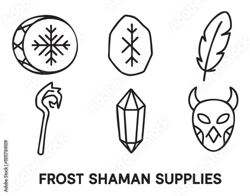 Collection of six black outline icons depicting mystical and magical items like a drum, rune, feather, staff, crystal, and horned mask, presented in a clean, illustrative style