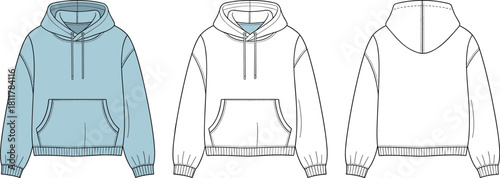 Hoodie technical flat sketch with front and back view, fashion design sweatshirt template featuring hood, pocket, rib hem and sleeve details