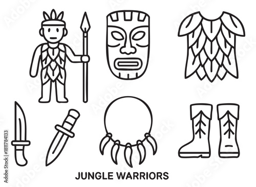 Collection of black outline icons depicting a tribal warrior, a ceremonial mask, traditional clothing, weapons, and accessories, presented in a clean, minimalist style