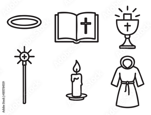 Collection of six simple black outline icons depicting various Christian religious symbols, such as a halo, open Bible, chalice, crosier, lit candle, and a robed figure