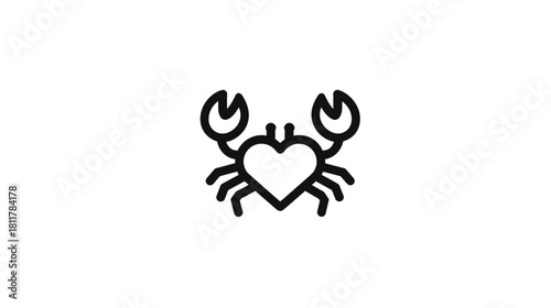 Black outline crab icon with a heart-shaped body, symbolizing love, marine life, or Cancer zodiac, simple vector graphic illustration.