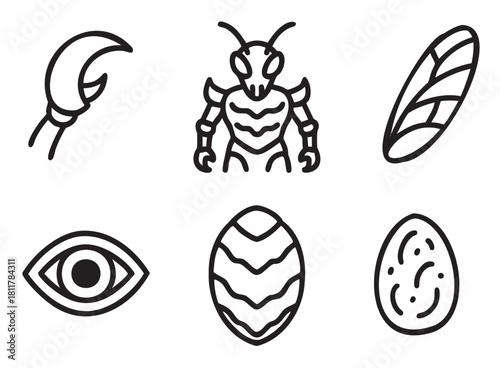 Collection of six minimalist black outline icons featuring a crab claw, an insect, a wing, an eye, and two different stylized egg shapes, presented