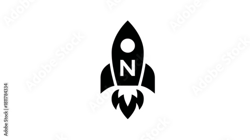 Stylized black rocket icon with letter N, launching with flame, representing startup, innovation, speed, growth, and business progress.