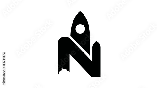 Modern black rocket logo concept with initial letter N, symbolizing startup launch, futuristic technology, and business growth.