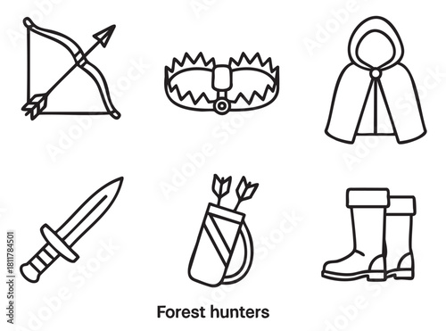 Collection of six minimalist black outline icons depicting essential hunting and adventure gear, including a bow, arrow, trap, cloak, sword, quiver, and boots