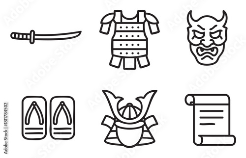 Traditional Japanese cultural and samurai outline icons, featuring a katana, armor, Hannya mask, geta sandals, a kabuto helmet, and an ancient scroll on white