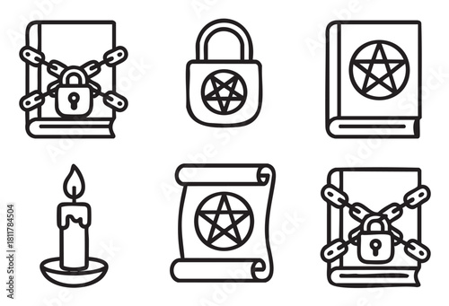 Collection of black line art icons illustrating mystical and occult themes, including ancient books secured with chains and padlocks, a scroll, a lit candle, and pentagram symbols